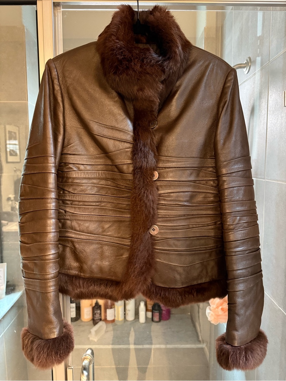 Vintage Burgundy Brown Leather Jacket with Fur Trim - Women